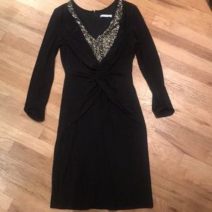 Twist front jersey dress w sequin inset neckline